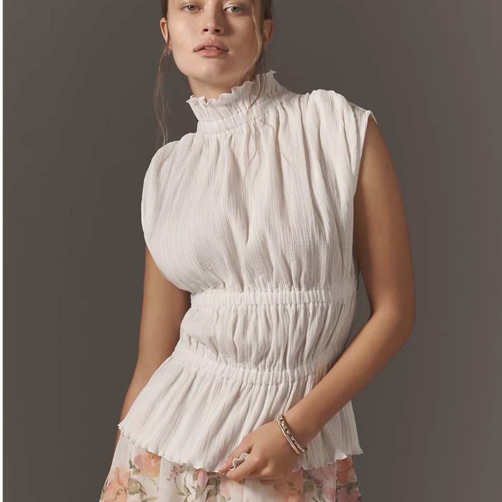 Anthropologie Cream Smocked Cap Sleeve Blouse